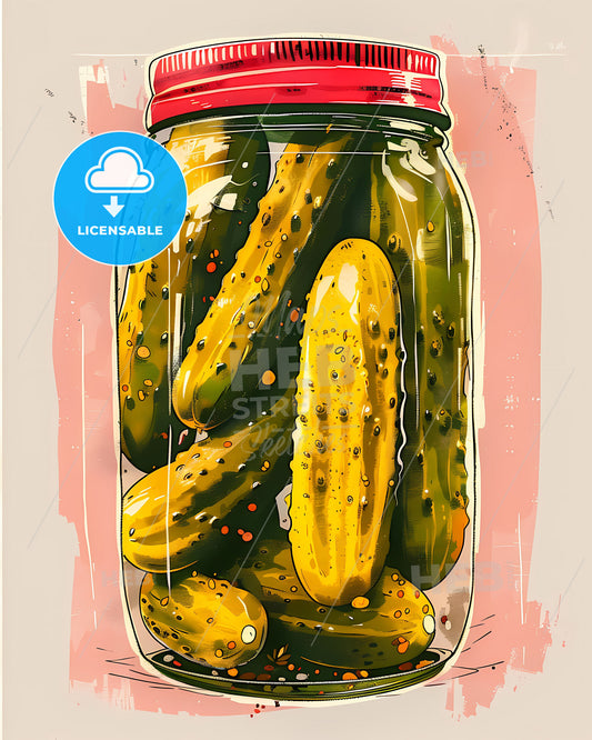 Vibrant Pink Digital Painting of Jar of Pickles on White Background - Contemporary Food Art