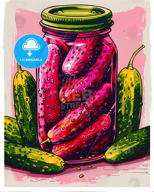 Vibrant Artistic Pink Poster of Pickles and Cucumbers in a Jar, White Background