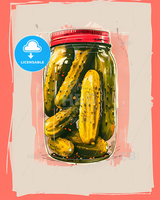 Vibrant Art Painting of a Jar of Pickles, White Background, Focus on Art