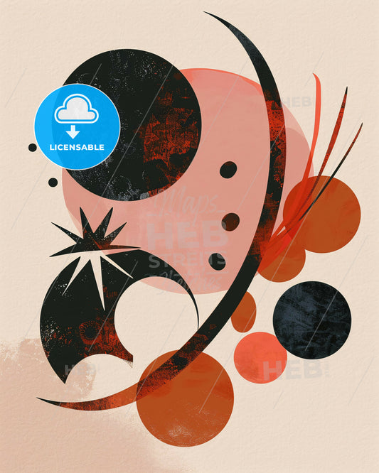 Celestial Silhouette: Beige Hues and Vibrant Touch - A black and red circles and a star