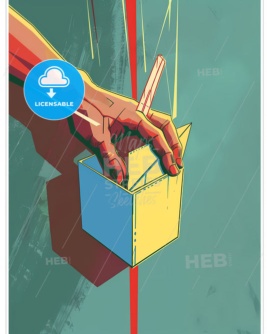 Animated cubist political propaganda poster of a hand holding a box, color-blocked shapes, blown-off-roof perspective