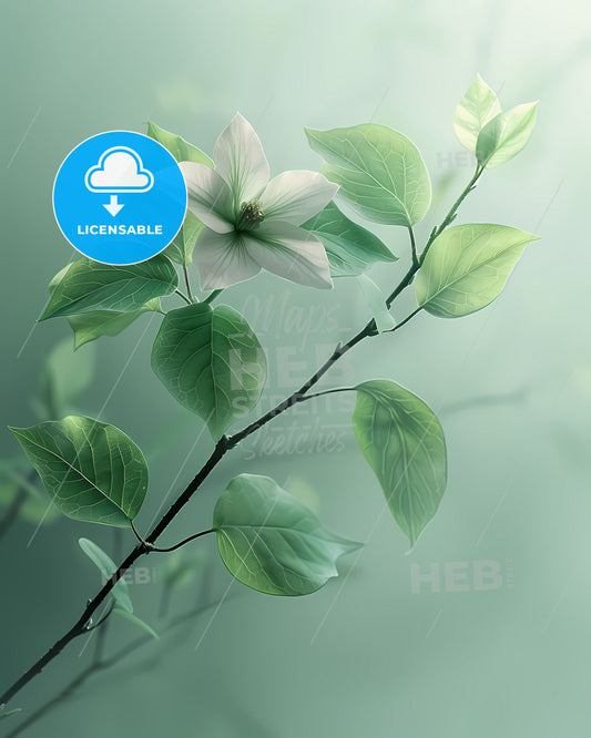 Spring Celebration Art Print: Vivid Floral Painting with Branch and White Flower on Negative Space