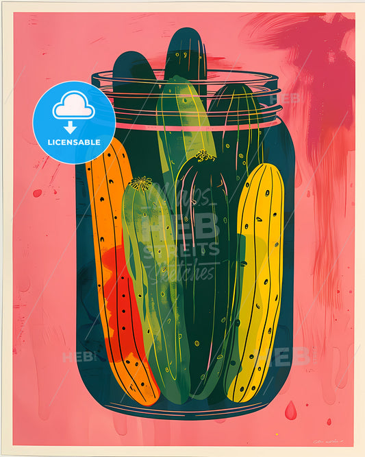 Playful Pickle Poster: Vibrant Woodcut Print of Pickles in a Jar on a Pink Background, High-Resolution Art Print, Original Artwork