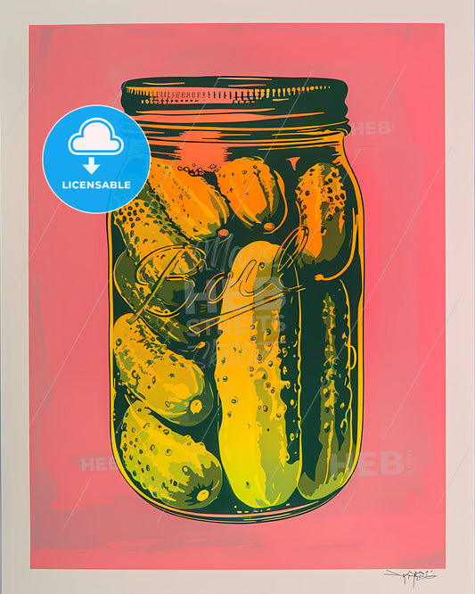 Colorful woodcut print of a jar of pickles on a pink background, high-resolution, digital painting, still life, vibrant, art