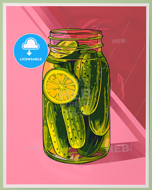 Vibrant Color Woodcut Print: Pickles and Lemons in a Jar on Pink