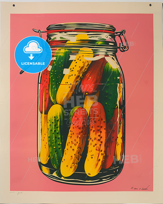 Colorful Woodcut Poster of Pickles in Glass Jar on Pink, Simple Playful Composition, High-Resolution Still Life Art Print