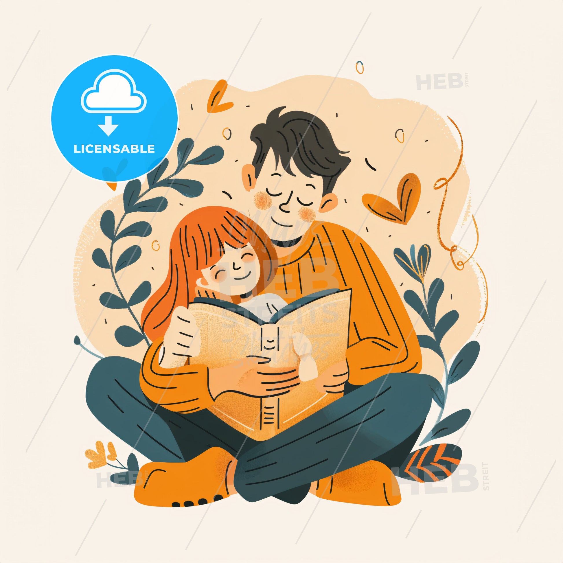 A pre-schooler snuggled up in bed - A man and a girl reading a book