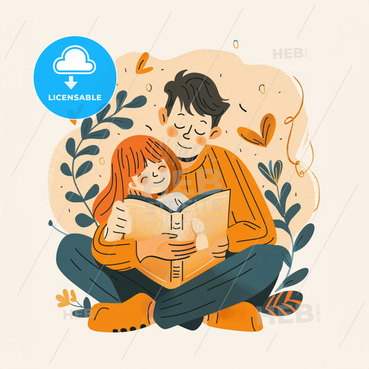 A pre-schooler snuggled up in bed - A man and a girl reading a book