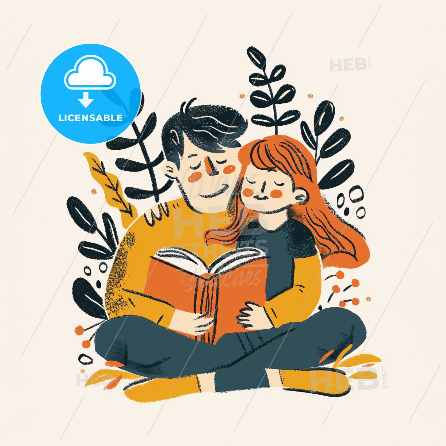 A pre-schooler snuggled up in bed - A man and a girl reading a book