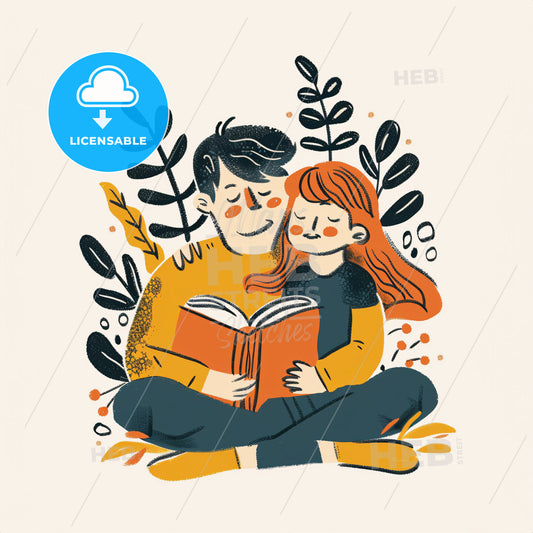 A pre-schooler snuggled up in bed - A man and a girl reading a book