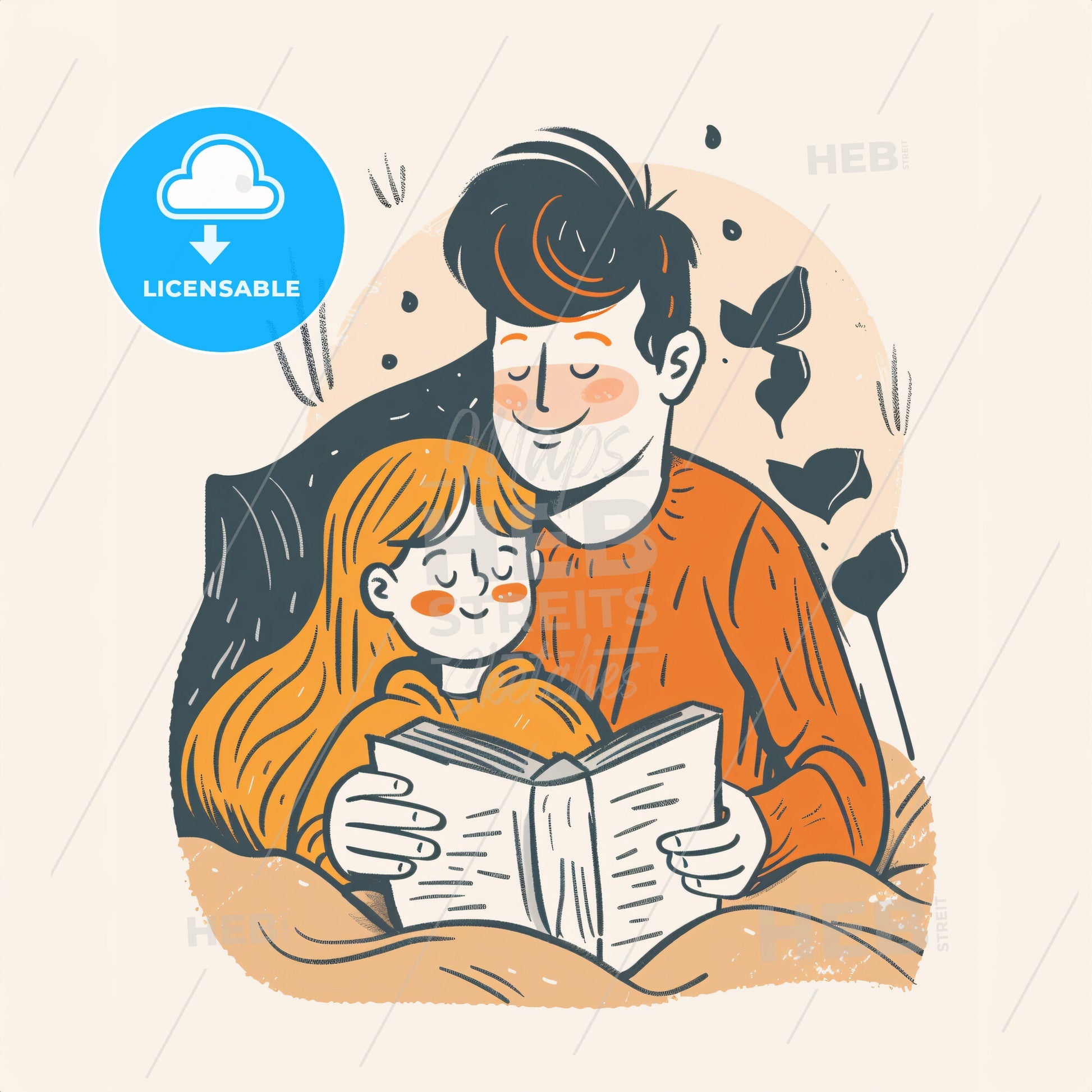 A pre-schooler snuggled up in bed - A man and a girl reading a book