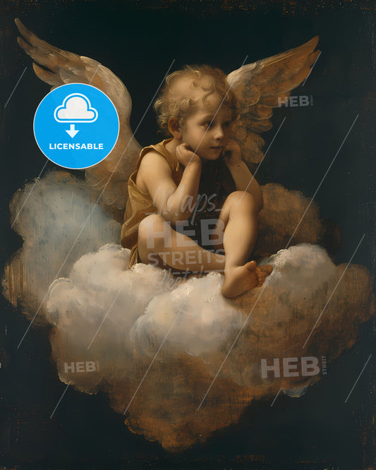 Baroque Cherubim Cloud Painting: Child Sitting on Cloud, Art, Canvas, Oil, Vibrant, Artistic