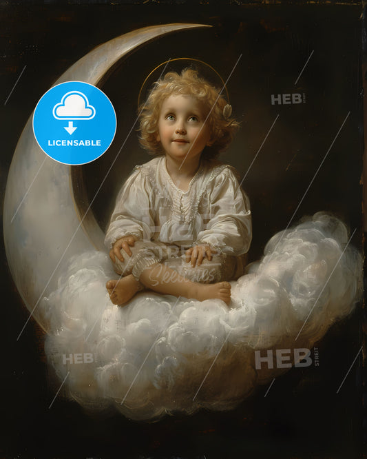 Vibrant Baroque Painting of a Cherub Seated on a Cloud, Showcasing Exquisite Art and Divine Symbolism