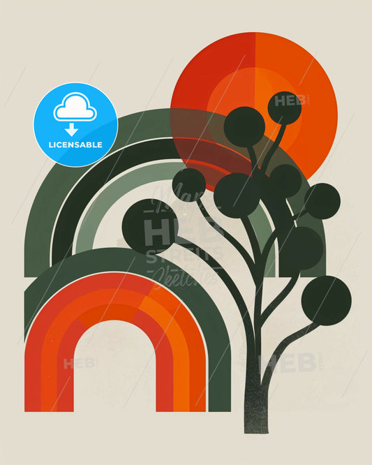 Rainbow Delight: Serene Lines, Earthy Hues - A tree with a rainbow and a red circle