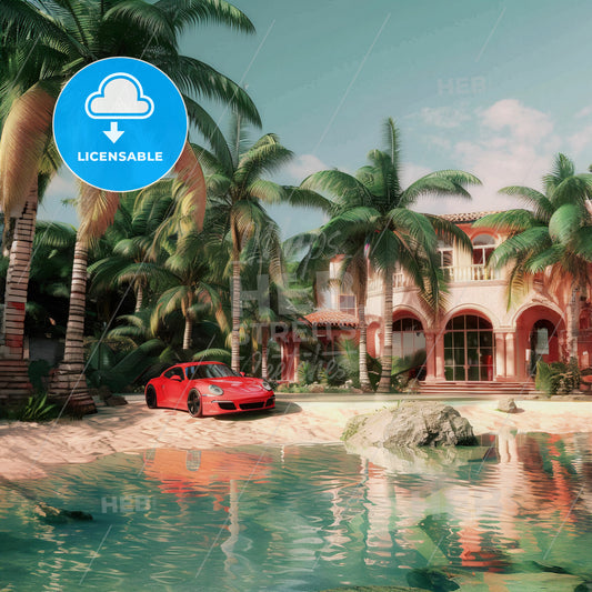 A Red Car Parked On A Beach Near A Body Of Water