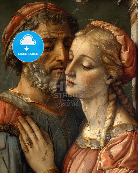 Vibrant Renaissance Fresco Depicting Man and Woman Sharing Laughter and Joy