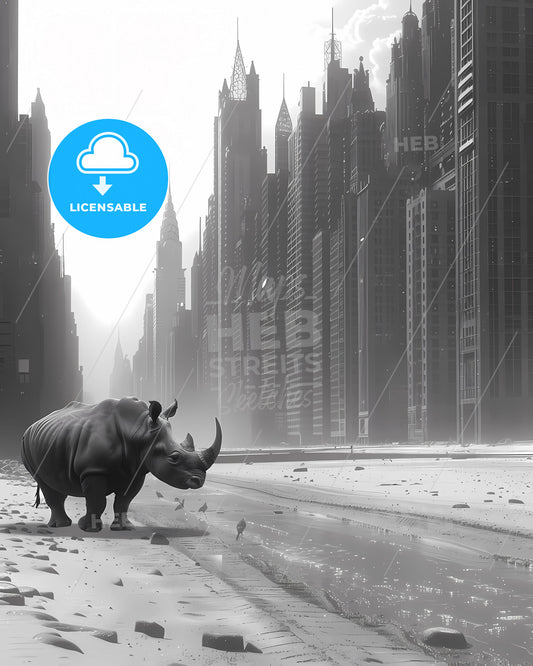 Surreal Cityscape: Solitary Rhinoceros Amidst Urban Giants in Vibrant Monochrome, Behance HD, Surrealism, Ambient Occlusion, Water