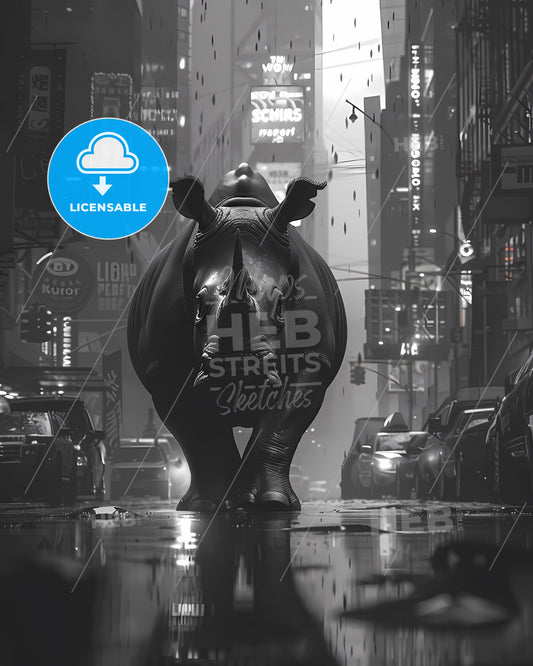 Rhinoceros in City, Surreal Painting, Black and White, Architecture, Urban Landscape, Ambient Occlusion, Behance HD, Water