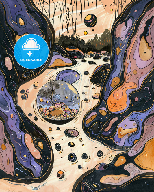 Zen River Rocks Minimalist Path Poster Art - A colorful artwork of a river