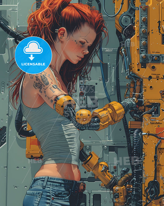 Sci-Fi Muscular Woman with Tattoos, Robotic Arm, Broken Machine, Mechanized Precision, Detailed Painting