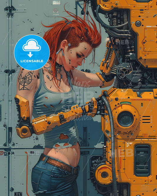 Sci-Fi Woman with Muscular Arms, Tattoos, and Yellow Machine: Detail-Oriented Painting of Art and Precision