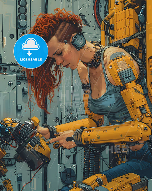 Vibrant sci-fi painting depicting a muscular red-haired woman pushing a broken yellow robot, showcasing mechanized precision and artistic detail