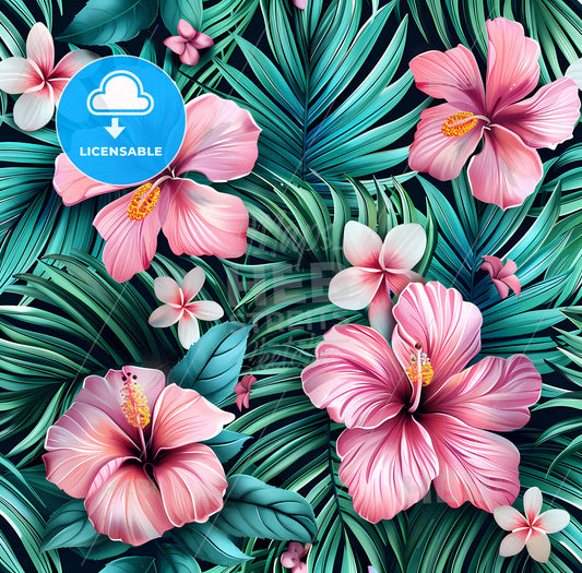 Seamless watercolor tropical pattern with pink teal and white flowers palm leaves watercolor accents on pastel background