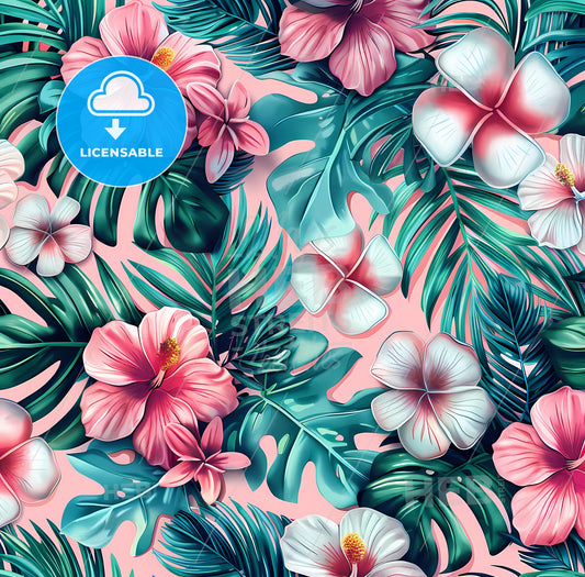 Seamless pattern of tropical leaves, flowers, and watercolor accents on a pastel background, perfect for vibrant designs with a touch of nature