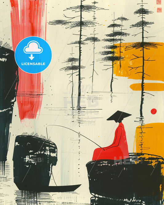 Serene and Poetic Waterside Scene with Vibrant Hues - A painting of a person fishing