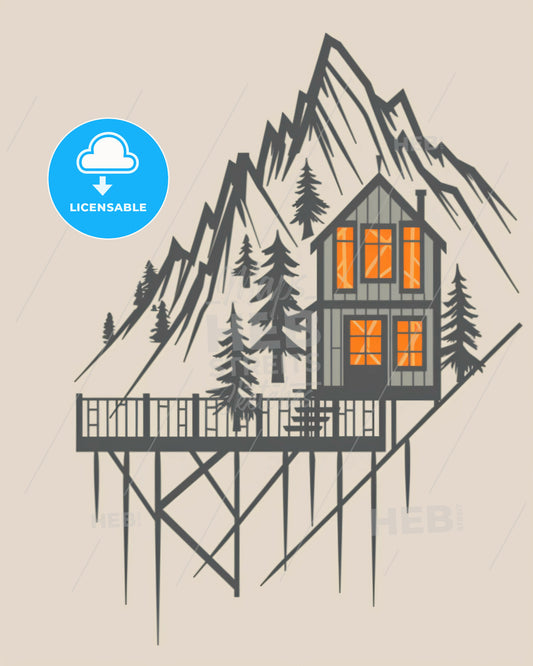 Serene Mountain Abode in Beige Hues - A house on stilts with trees and mountains