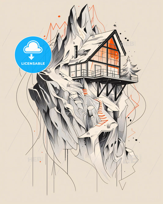 Minimalist Geometric Landscape on Beige - A house on a mountain