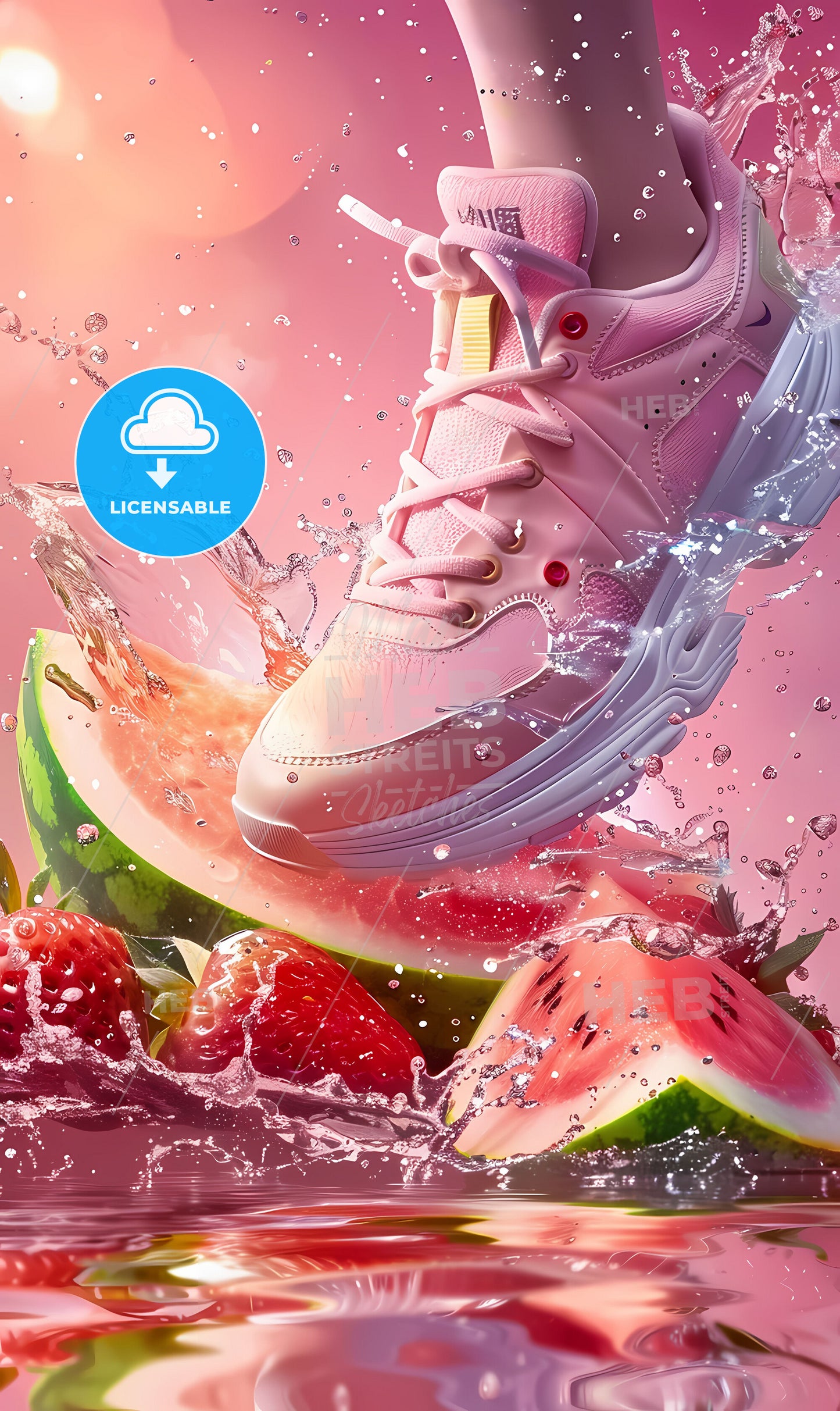 Aqueous Watermelon Splendor: A Playful Anime-Inspired Painting Featuring a Pink Shoe, Water Droplets, and Vibrant Fruit Imagery