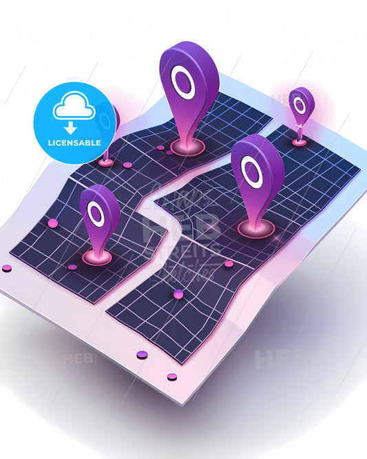Isometric purple paper map with clip, black checks, and vibrant abstract pointers, showcasing art