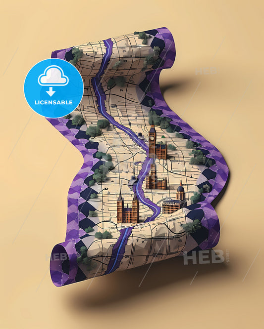Isometric Purple-Hued Paper City Map with Checkered Pattern and Clip, Vibrant Artistic Render