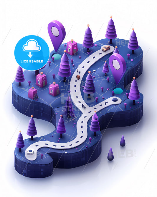 Isometric paper map illustration with purple accents, black grid, and clip, featuring puzzle-like art with vibrant trees and winding road, highlighting the artistic aspect