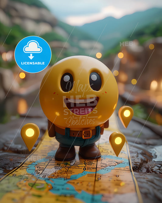 Playful 3D Map with Markers, Vibrant Artwork, Cartoon Character, High Quality