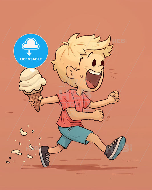 Blond boy running with ice cream cone, 50s style lithograph, vibrant painting with flat color background - A fun, nostalgic artwork!