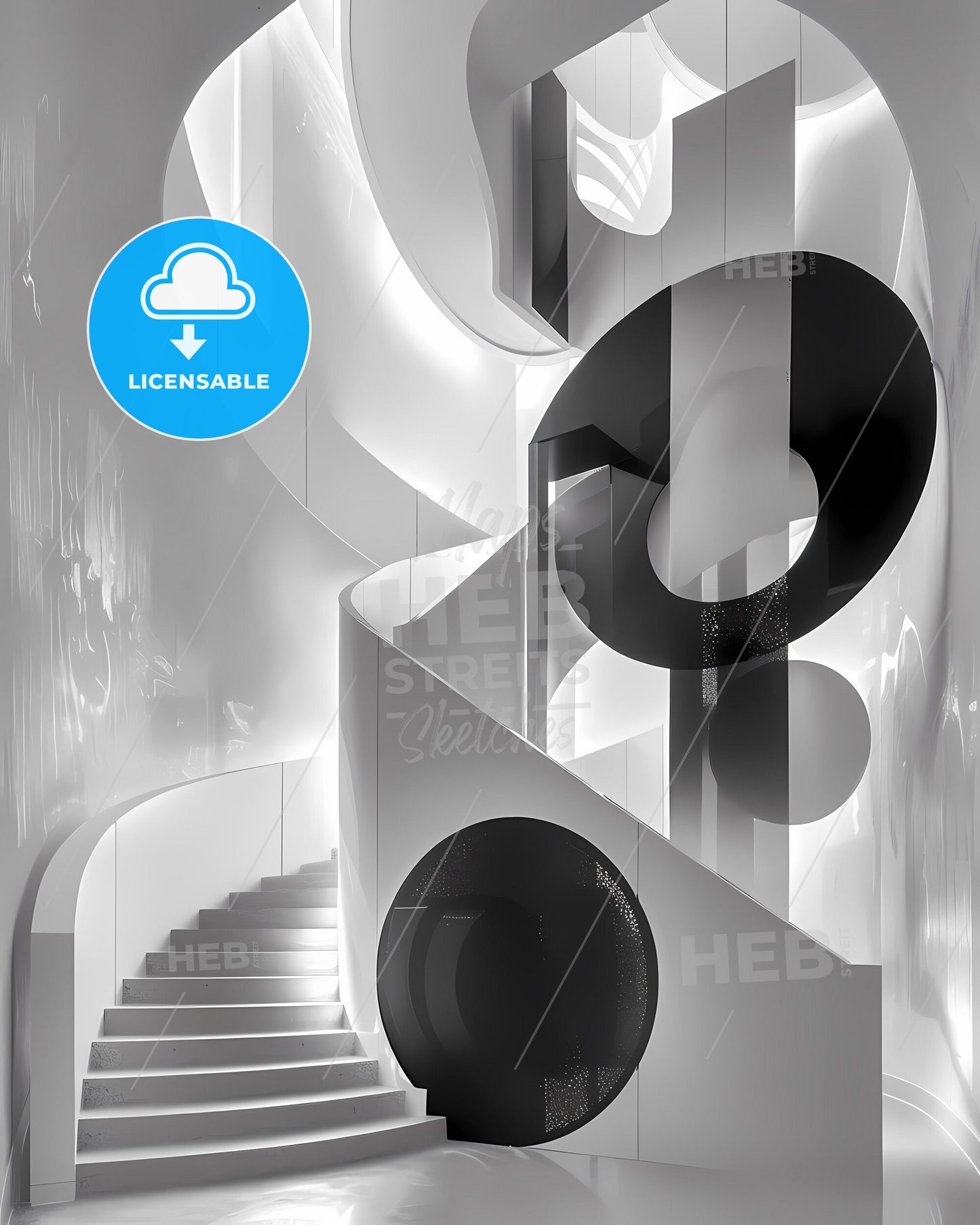 Modern abstract artwork featuring geometric shapes and fluid curves in black and white, depicting a dynamic spiral staircase in an architectural setting