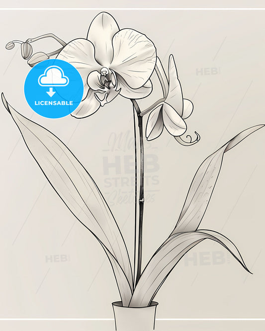 Minimalist Line Drawing Orchid Flower Art: Black and White Close-Up Illustration with Neutral Harmony and Elegance