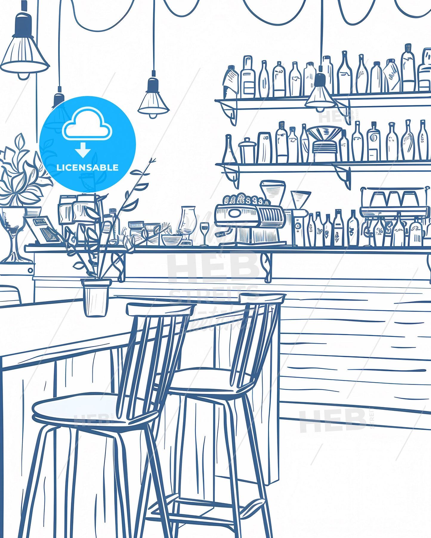 Panoramic Pencil Sketch Cafe Illustration with Linear Bottles and Shelves, Blue Lines on White, Editorial, Flawless Lines, Screen Print