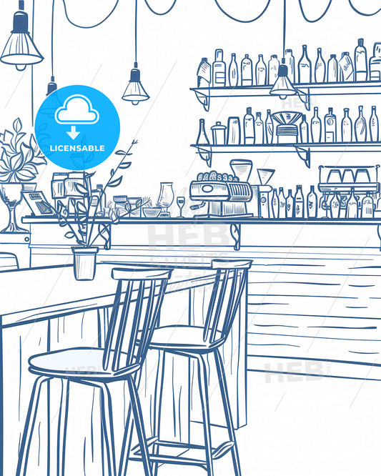 Panoramic Pencil Sketch Cafe Illustration with Linear Bottles and Shelves, Blue Lines on White, Editorial, Flawless Lines, Screen Print
