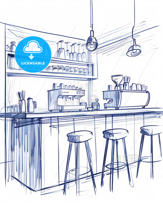 Vibrant Cafe Sketch: Blue Lines on White - Panoramic Editorial Illustration with Clean Linework