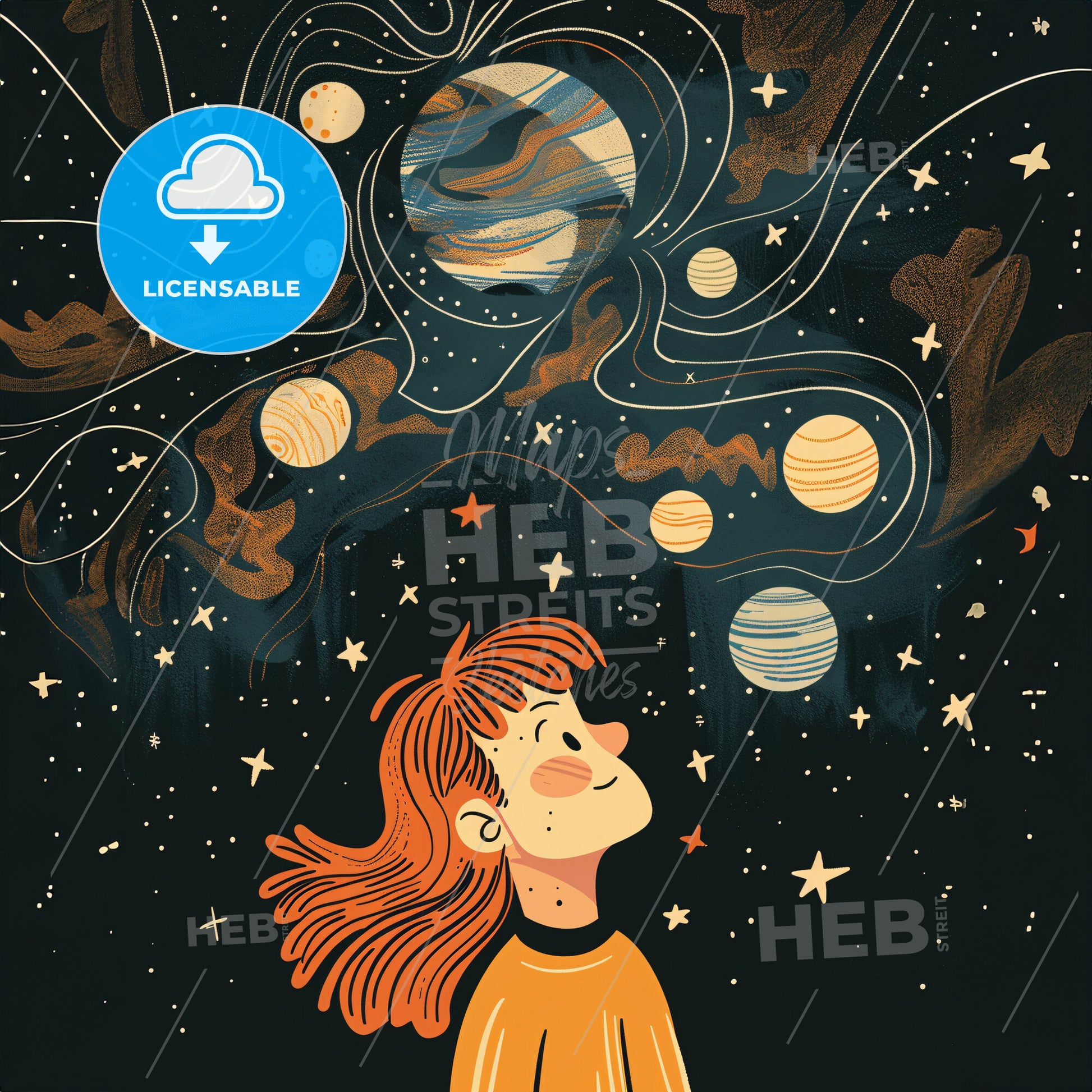 A small child looks up at a vast starry sky - A cartoon of a girl looking up at the solar system
