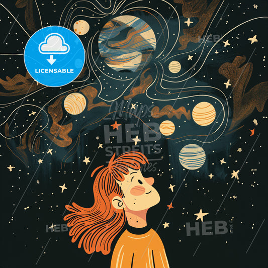 A small child looks up at a vast starry sky - A cartoon of a girl looking up at the solar system