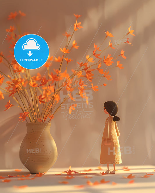 32K UHD minimalist cartoon doll standing next to light orange and pink vase painting with vibrant art focus patty maher lively colorized tableaus