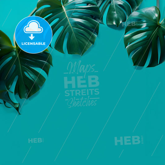 , A solid turquoise single colour background  - A group of green leaves on a blue background