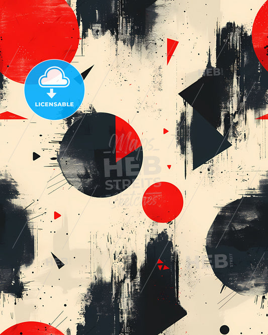 Vibrant Abstract Seamless Pattern: Black and Red Circles, Triangles, and Geometric Shapes