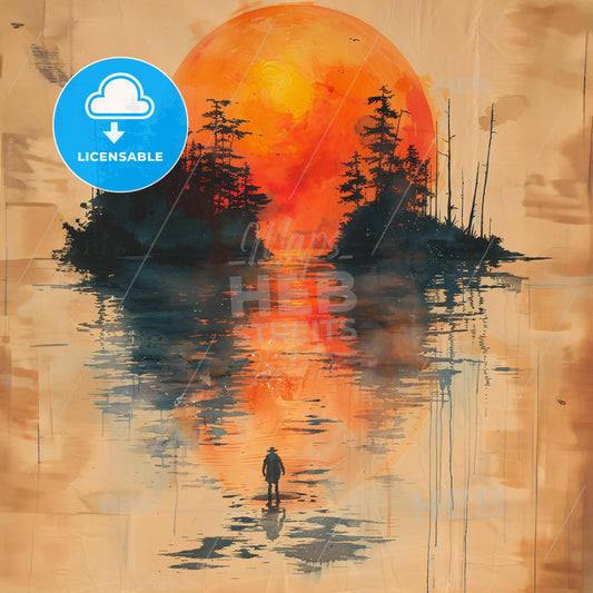 A Sunday Afternoon on the Island of Dr - A painting of a person standing in water with trees and a large orange sun