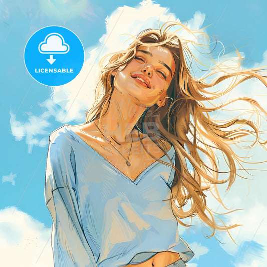 Watercolor Style Woman Portrait: Blue Shirt, Long Hair, Blue Sky, Squinting Smile, Nostalgic Mood, Hand-Painted Lines, Minimalist Graphic