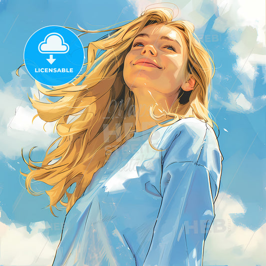 Nostalgic Watercolor Portrait: Serene Woman with Blonde Hair and Blue Sky